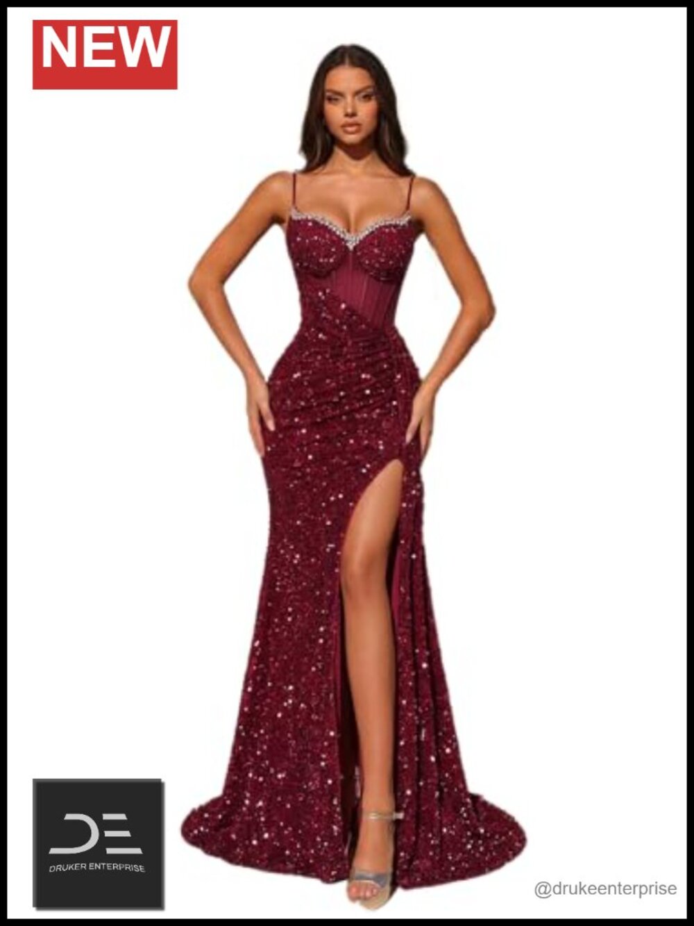 Sequin Formal Dress Spaghetti Strap Rhinestone V Neck High Waist Floor Length